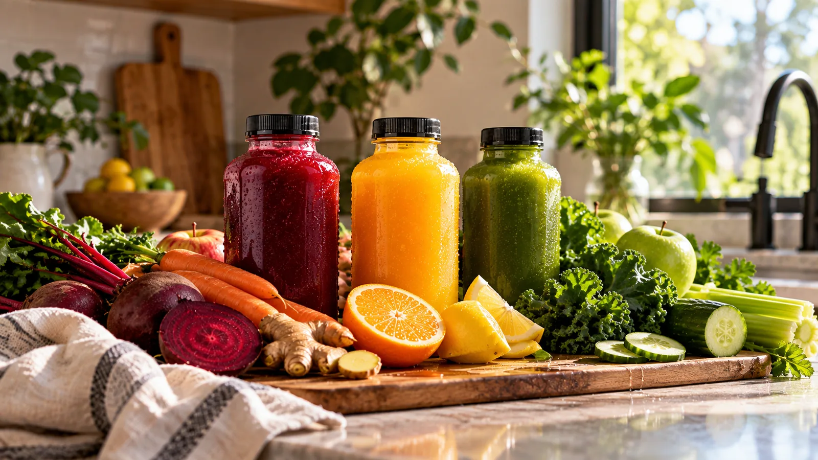 Three bottles of fresh juice, beet red, orange and green, on a wooden board in a sunny kitchen, surrounded by beets, carrots, ginger, oranges, lemons, kale, apples, cucumber and celery.